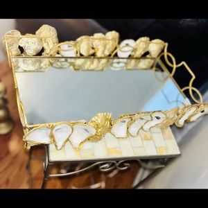 Hand painted Gilded oyster shells on mirrored tray.